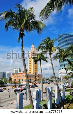 MIAMI, FL - FEB 7: Freedom Tower on street on February 7, 2012 in Miami, Florida. As a memorial to Cuban immigration and Miami city landmark, it is declared as US National Historic Landmark in 2008.
