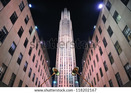 NEW YORK CITY, NY, USA - DEC 30: Rockefeller Center at night on December 30, 2011, New York City. It was built by the Rockefeller family in 1939 and was declared a National Historic Landmark in 1987.