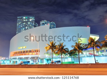 MIAMI, FL - FEB 7: American Airlines Arena at night on February 7, 2012 in Miami, Florida. It is home to the Miami Heat with 2105 seats and has the Florida\'s largest theater The Waterfront Theater.