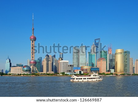 Shanghai skyline with skyscrapers and blue clear sky over Huangpu River.