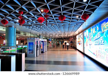 SHANGHAI, CHINA - MAY 27: Shanghai subway station interior on May 27, 2012 in Shanghai, China. The Shanghai Metro system has 11 lines, 278 stations and is the longest and 5th busiest in the world.