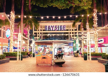 Miami, Fl - Feb 8: Bayside Marketplace At Night On February 8, 2012 In Miami, Florida. It Is A Festival Marketplace And The Top Entertainment Complex In Downtown Miami Attracting 15m People Annually.