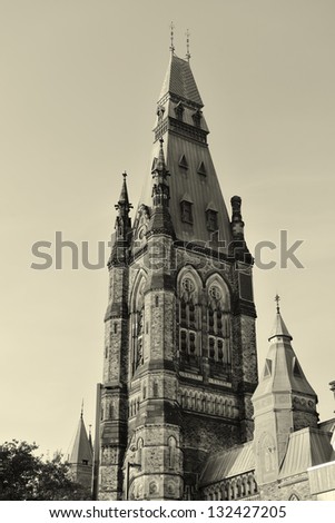 Parliament Hill building in black and white in Ottawa, Canada