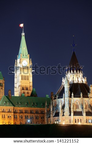 Parliament Hill building at night in Ottawa, Canada
