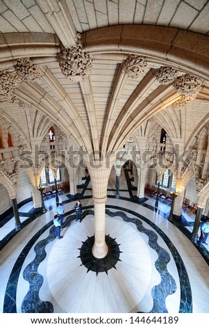 Ottawa, CANADA - SEP 8: Parliament Hill Building interior on September 8, 2012 in Ottawa, Canada. Created with the typical Gothic Revival style, it is the home of the Parliament of Canada.