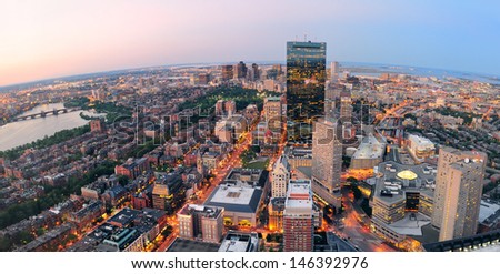 Urban city aerial panorama view. Boston aerial view with skyscrapers at sunset with city downtown skyline.