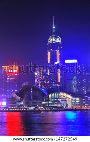 Hong Kong city skyline at night over Victoria Harbor with clear sky and urban skyscrapers.
