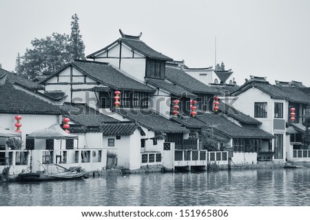 Old village by river in Shanghai in black and white