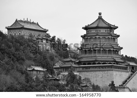 Summer Palace with historical architecture in Beijing in black and white.