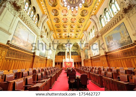 Ottawa, CANADA - SEP 8: Parliament Hill Building interior on September 8, 2012 in Ottawa, Canada. Created with the typical Gothic Revival style, it is the home of the Parliament of Canada .