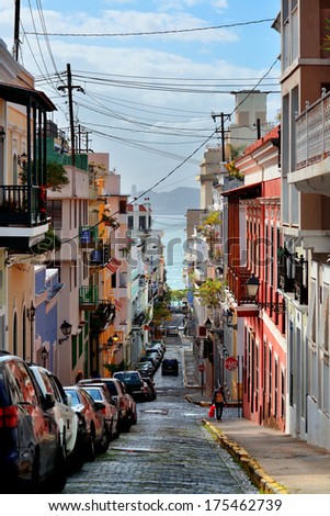 SAN JUAN, PUERTO RICO - JAN 7: Old street in downtown on January 7, 2013 in San Juan, Puerto Rico. San Juan is the capital and most populous municipality in Puerto Rico.