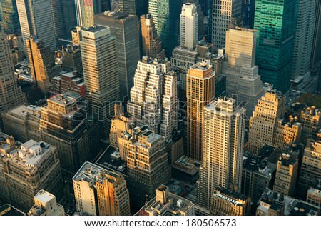 New York City Manhattan skyline aerial view with street and skyscrapers.