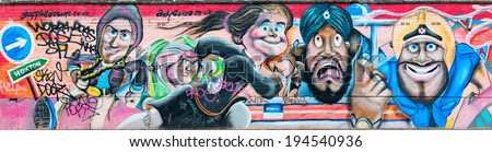 LONDON, UK - SEP 27: street art paintings panorama on wall on September 27, 2013 in London, UK. London is the world\'s most visited city and the capital of UK.