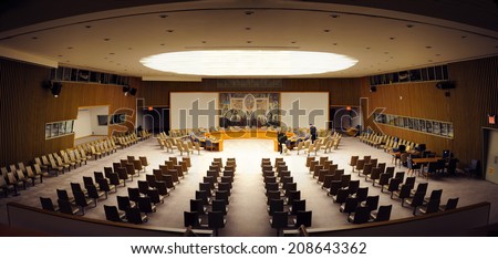 NEW YORK CITY, NY - MAR 30: The Security Council Chamber is located in the United Nations Conference Building and is designed by Arnstein Arneberg. March 30, 2011 in Manhattan, New York City.