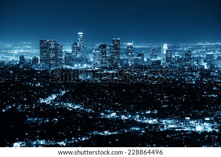 Los Angeles at night with urban buildings in BW