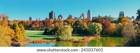 Central Park Autumn and midtown skyline over lake in Manhattan New York City