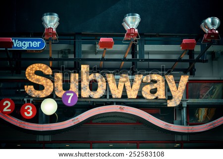NEW YORK CITY, NY - MAR 30: Subway station entrance on March 30, 2014 in New York City. With 468 stations, NYC Subway is one of the world\'s oldest and most extensive public transportation systems.