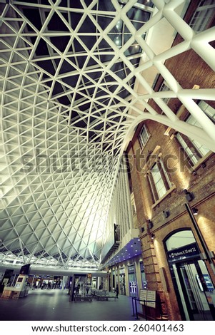 LONDON, UK - SEP 27: Kings Cross railway station interior on September 27, 2013 in London, UK. Opened in 1852, it is the southern terminus of the East Coast Main Line.