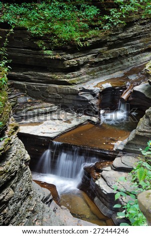 stream over rocks in woods with rocks and stream in Watkins Glen state park in New York State