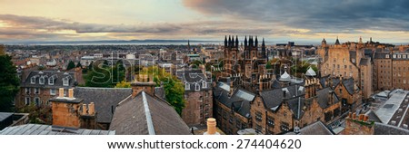 Edinburgh city rooftop view with historical architectures. United Kingdom.