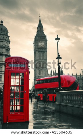 Red telephone box and Big Ben in Westminster in London.