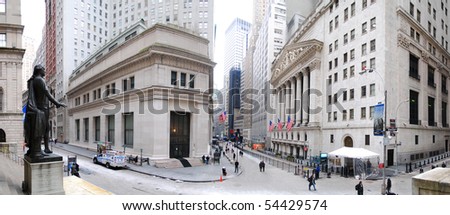 NEW YORK CITY - JAN 1: Wall Street panorama with New York Stock Exchange in Manhattan Finance district during United States economy recovery, January 1, 2010 in Manhattan, New York City.
