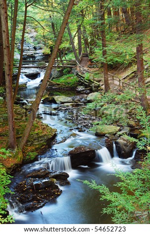 Forest Creek with wood bridge and hiking trail in woods in autumn with rocks and foliage.