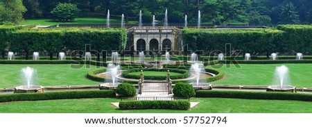Fountains in garden with green lawn from Longwood Garden, Pennsylvania.