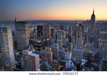 new york city skyline at sunset. stock photo : New York City Manhattan skyline panorama sunset aerial view