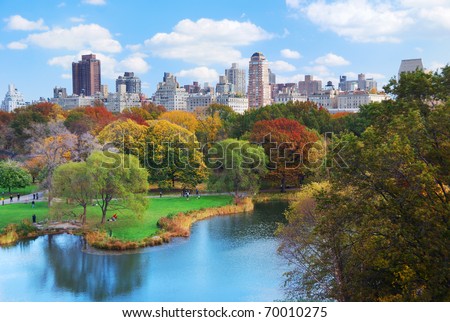 New York City Manhattan Central Park panorama in Autumn lake with skyscrapers and colorful trees with reflection.