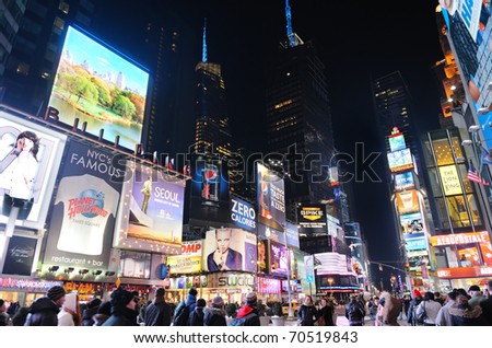 NEW YORK CITY, NY - JAN 30: Times Square is featured with Broadway Theaters and animated LED signs as a symbol of New York City and the United States,  January 30, 2009 in Manhattan, New York City.