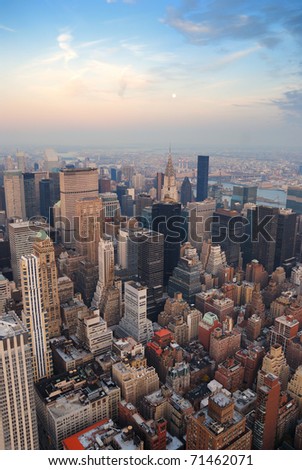 New York City Manhattan skyline aerial view with street and skyscrapers.