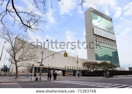 NEW YORK CITY, NY, USA - MAR 30: The United Nations complex was designed by an international team of 11 architects led by Wallace K. Harrison. March 30, 2011 in Manhattan, New York City.