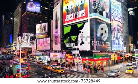 NEW YORK CITY, NY - JAN 30: Times Square is featured with Broadway Theaters and LED signs as a symbol of New York City and the United States. January 30, 2011 in Manhattan, New York City.