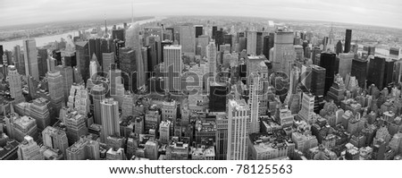 New York City Manhattan panorama aerial view at dusk with urban city skyline and skyscrapers buildings