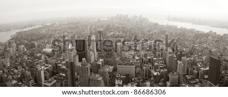 New York City Manhattan skyline aerial view panorama black and white with skyscrapers and street.