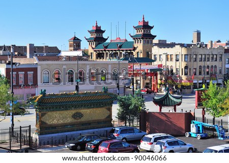 CHICAGO, IL - Oct 3: Chicago Chinatown street on October 3, 2011 in Chicago, Illinois. Chicago is the second oldest settlement of Chinese in America after the Chinese fled persecution in California.
