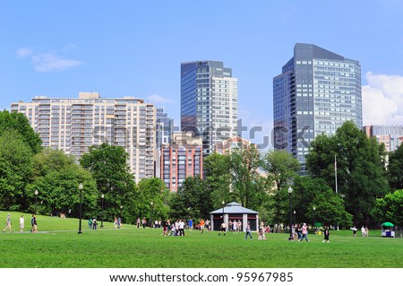 BOSTON, MA - JUN 18: People play games in Boston Common on June 18, 2011, Boston, Massachusetts. It is the oldest city park in the US and was declared a U.S. National Historic Landmark in 1987.