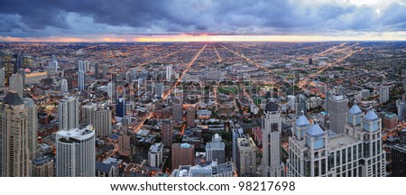 Chicago skyline panorama aerial view with skyscrapers with cloudy  sky at sunset.