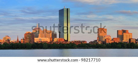 Boston Charles River panorama with urban city skyline at sunset
