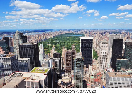 New York City Manhattan midtown aerial panorama view with skyscrapers and central park in the day.