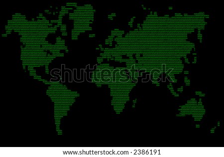 A map of the earth made out of 1\'s and 0\'s