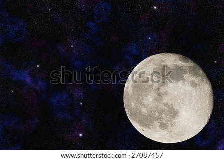 Moon with numerous galaxies and nebulae in the background