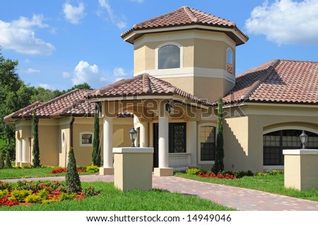 model home entrance with a beautiful blue sky stock photo 14949046