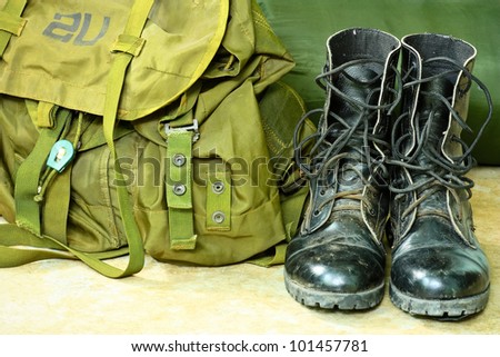 Black leather army boots and Army bag soldier
