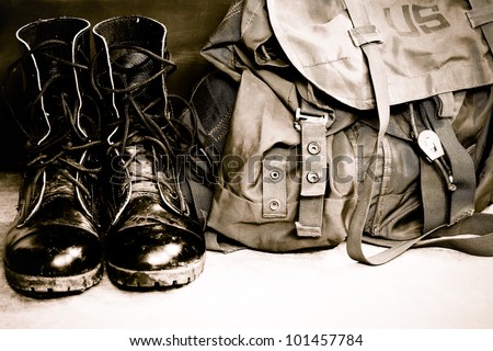 Black leather army boots and Army bag soldier