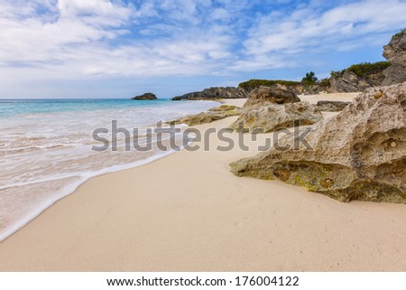 View of a secluded beach of pink sand on the south shore of Bermuda.