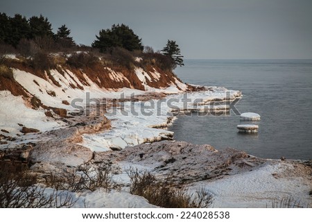 Ice and snow built up along the north shore of Prince Edward Island, Canada.