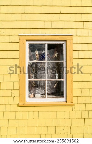 Quaint old window decorated in a nautical theme with fish net, shells, star fish and other things from the sea.
