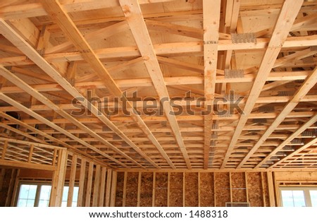 New house construction interior ceiling roughed in.